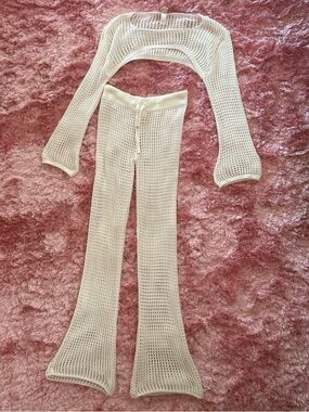 Cream Knit Two-Piece Set - Cropped Top & Flared Pants